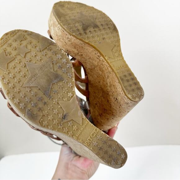 Jimmy Choo Sandals Womens 38.5/ US 8.5 Cork Wedge Leather Gladiator - Picture 9 of 12